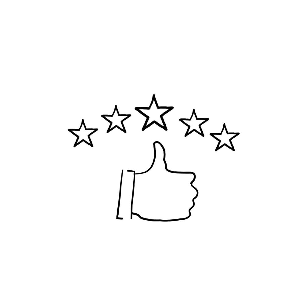 icono de revisión del cliente dibujado a mano, calificación de calidad, comentarios, símbolo de línea de cinco estrellas en el doodle de fondo blanco vector