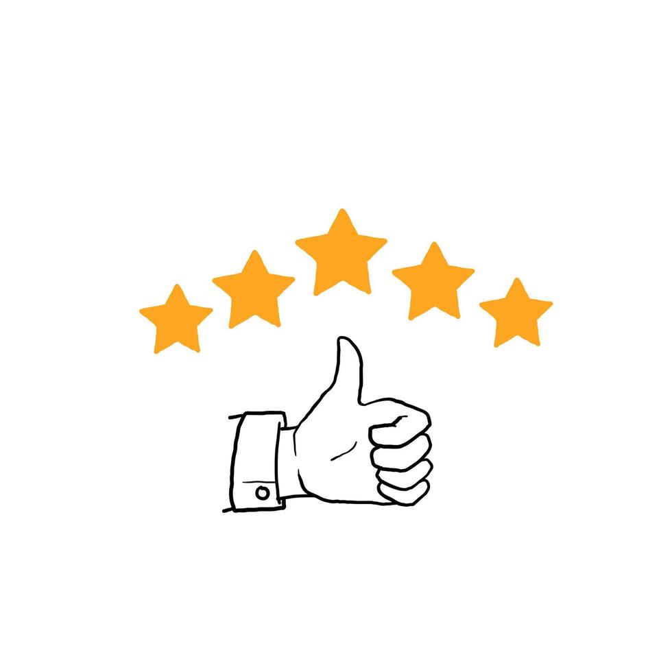 icono de revisión del cliente dibujado a mano, calificación de calidad, comentarios, símbolo de línea de cinco estrellas en el doodle de fondo blanco vector
