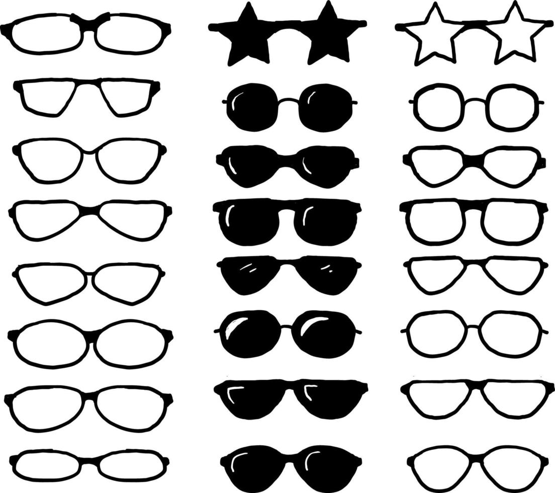 hand drawn glasses set, Summer eye wear sun protection sun glass. Fashion spectacles accessory. Plastic frame modern eyeglasses. Vacation item.doodle style vector