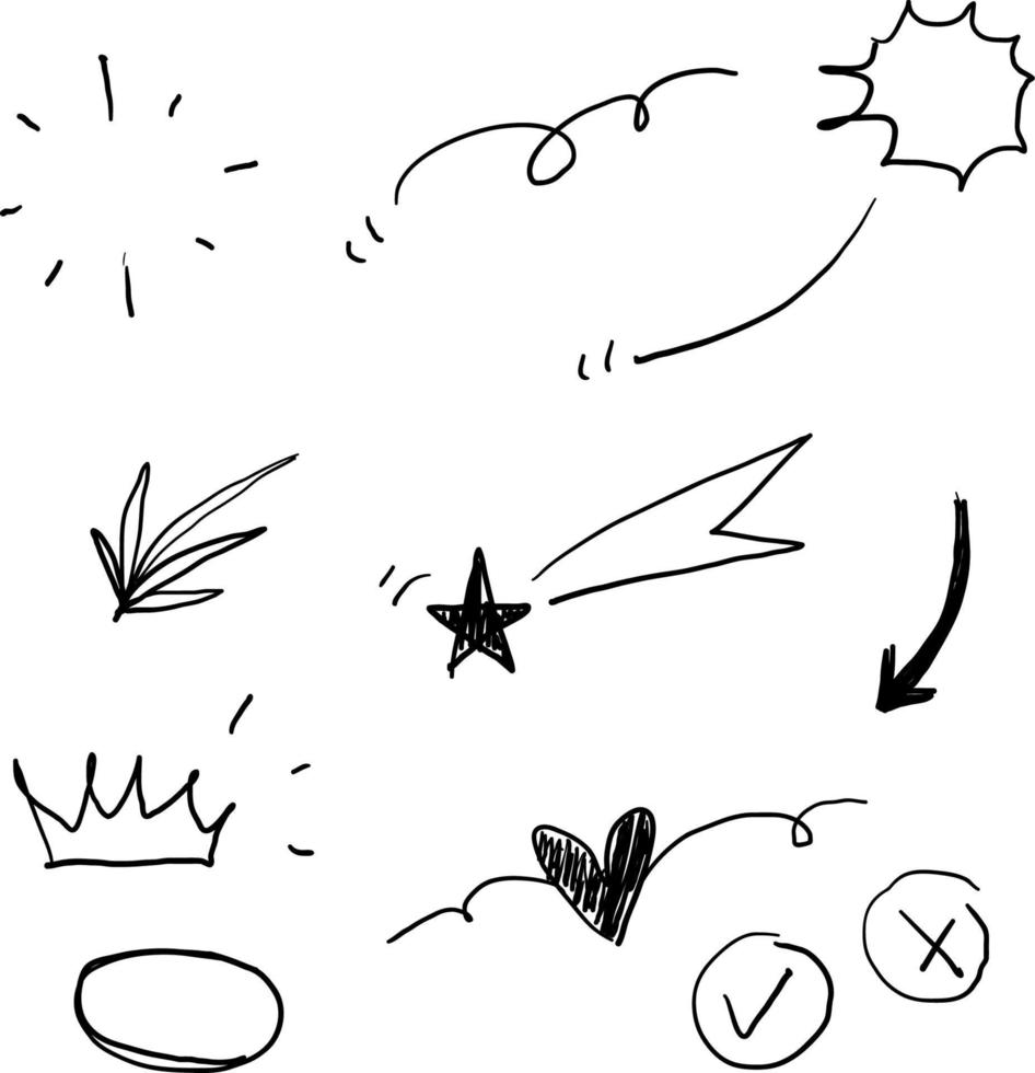collection of elements, black on white background. Arrow, heart, love, star, leaf, sun, light, flower, daisy, crown, king, queen,Swishes, swoops, emphasis ,swirl, heart, doodle vector
