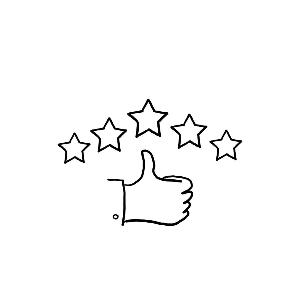 icono de revisión del cliente dibujado a mano, calificación de calidad, comentarios, símbolo de línea de cinco estrellas en el doodle de fondo blanco vector