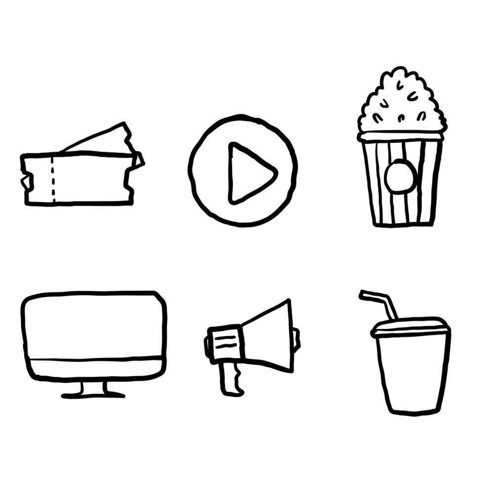 iconos de línea de cine dibujados a mano establecer ilustración vectorial. contiene íconos como películas, películas, televisión, videos y más. vector garabato