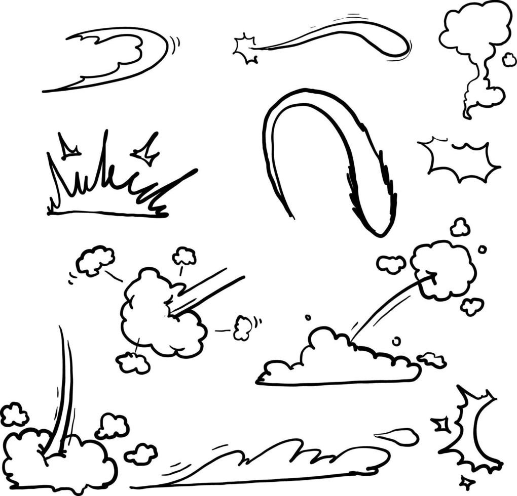 explosión de energía cómica del doodle. nube de humo de llama de dibujos animados, efecto vfx de golpe de velocidad y conjunto de ilustración de vector de explosión de flash promocional estilo dibujado a mano