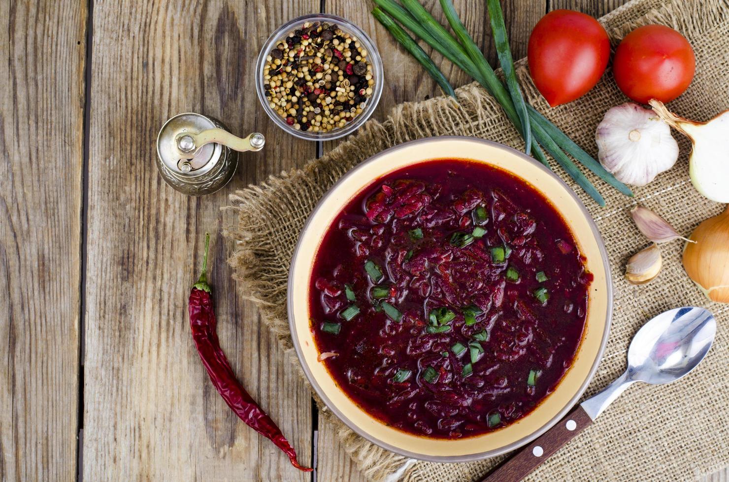 Veggie vegetable soup with red beet. photo