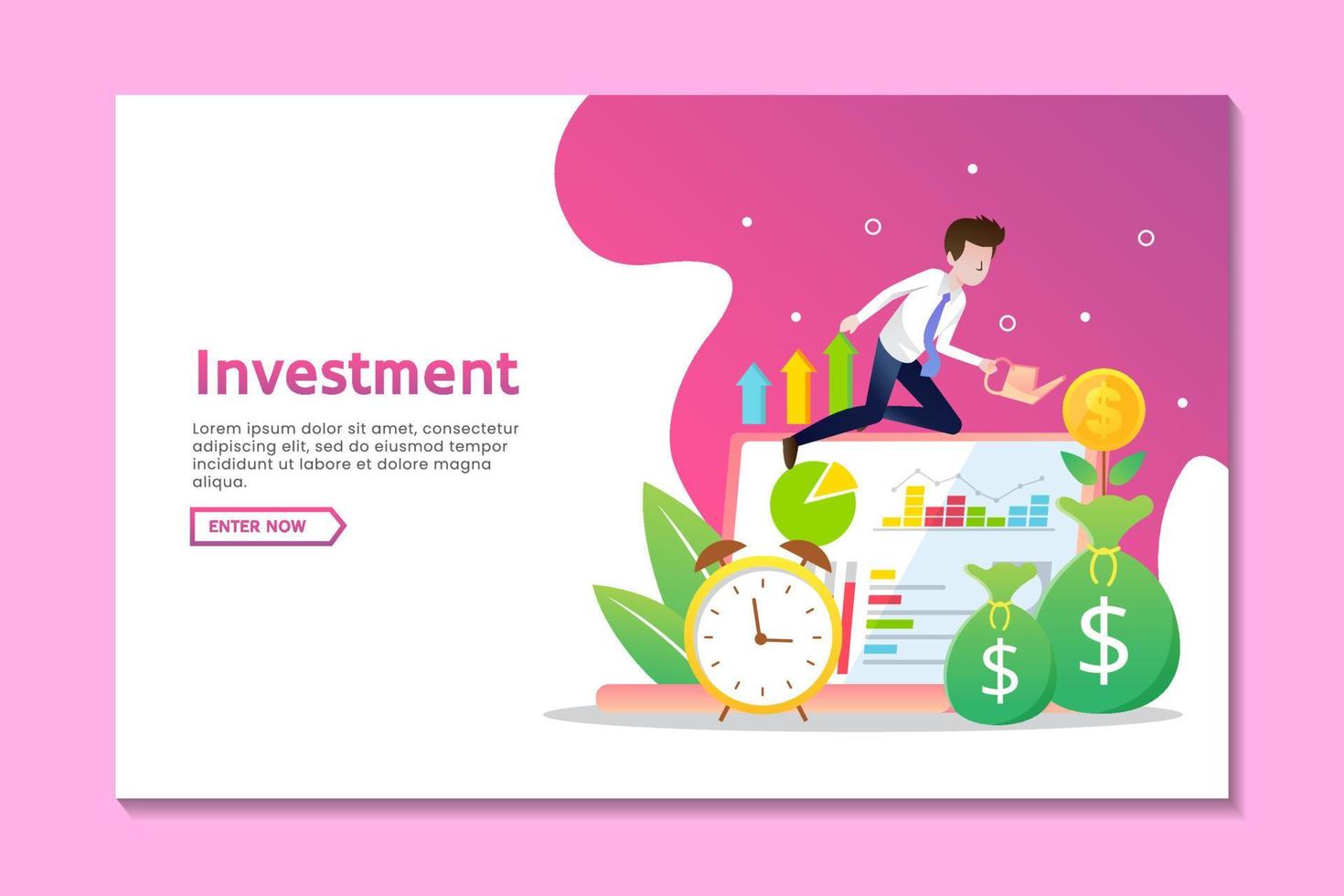 Landing page business template with man and growing money coin vector