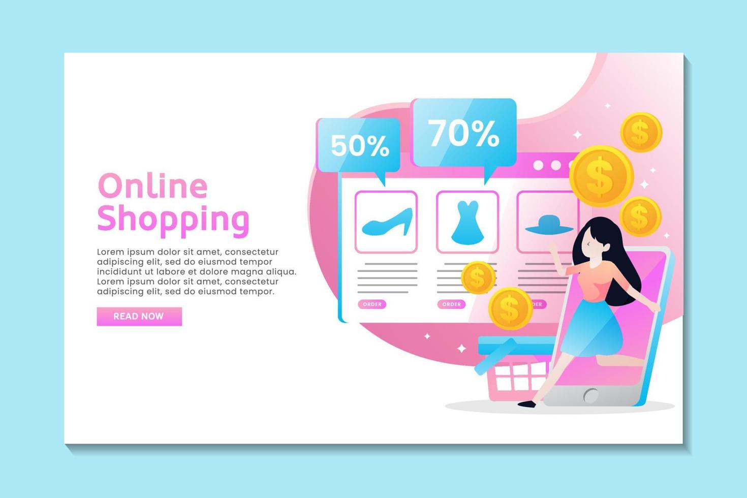 A girl do online shopping with smartphone concept landing page vector