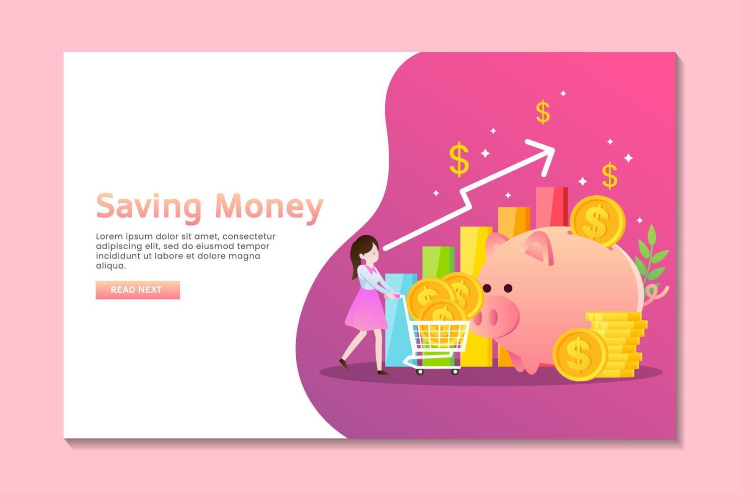 Saving money landing page with woman and a pink piggy bank vector