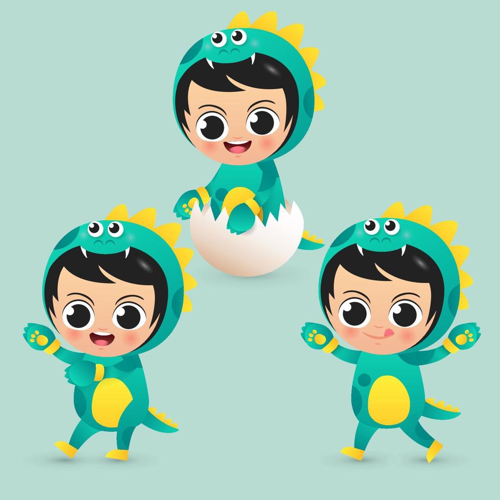 cute children wear dinosaur costume illustration vector