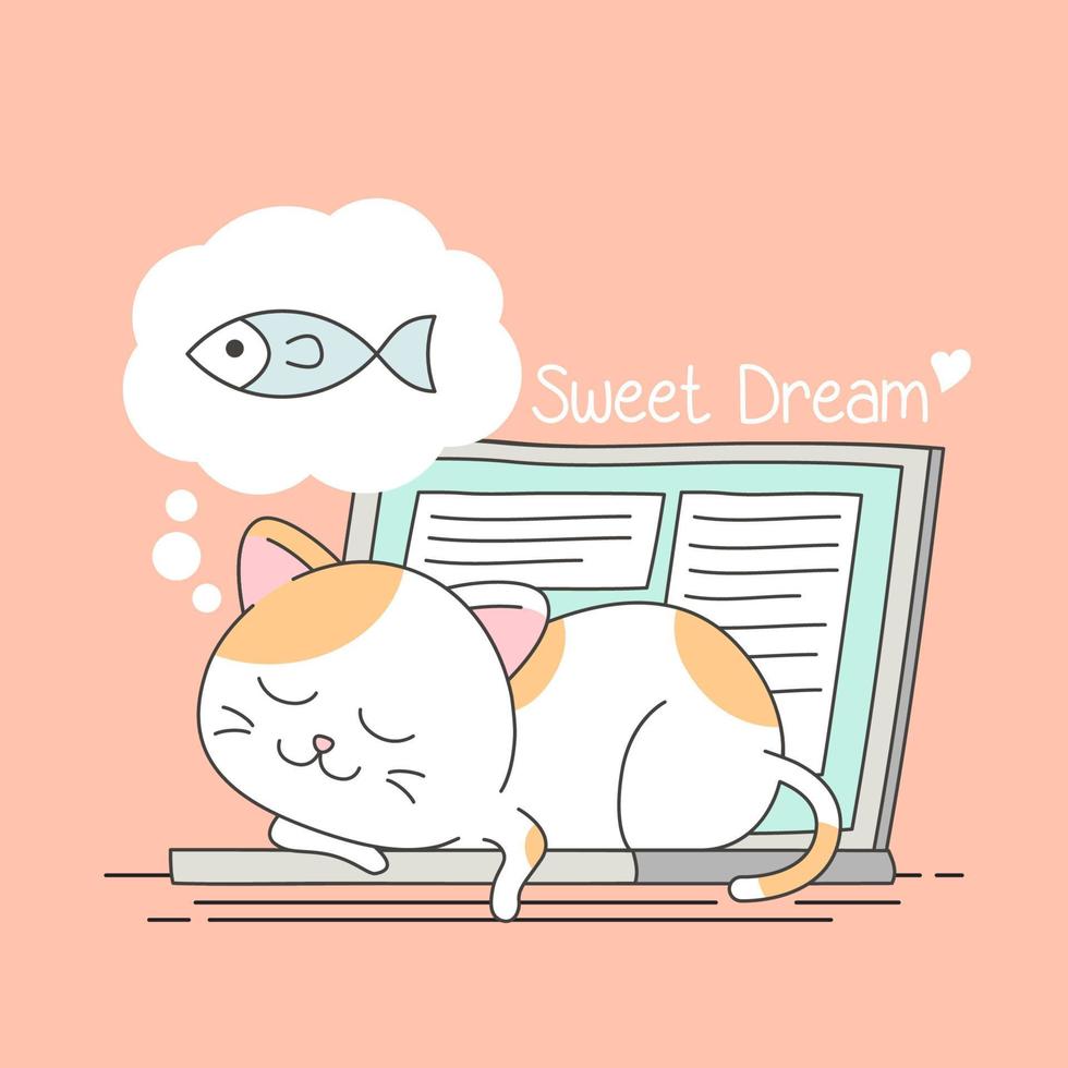 lindo gato durmiendo en la computadora portátil mientras sueña con el vector de peces