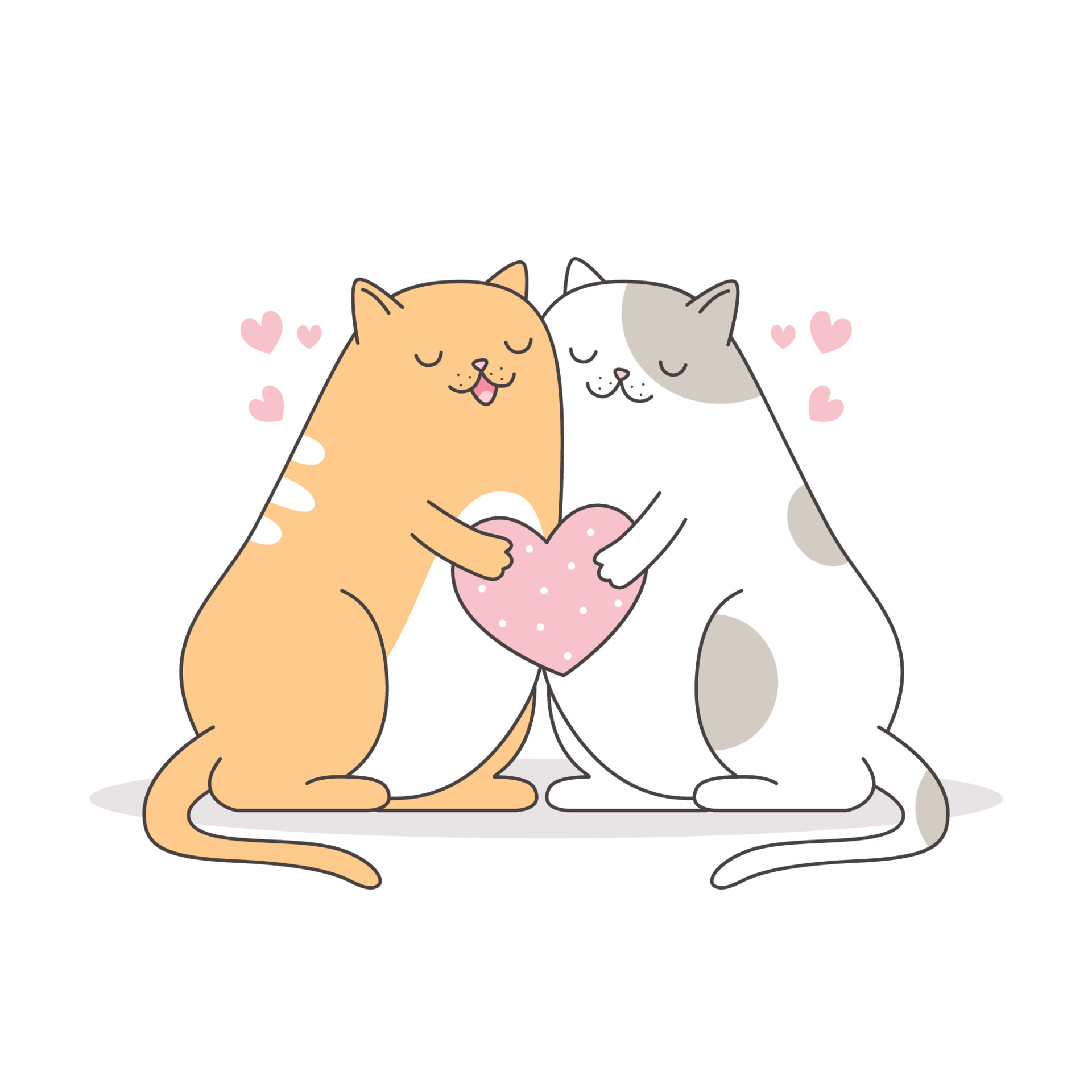 Two cats in love hug doodle icon. Cute pets vector art on white