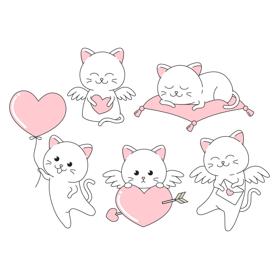 Etiqueta engomada linda del gato de San Valentín con muchos vectores de pose