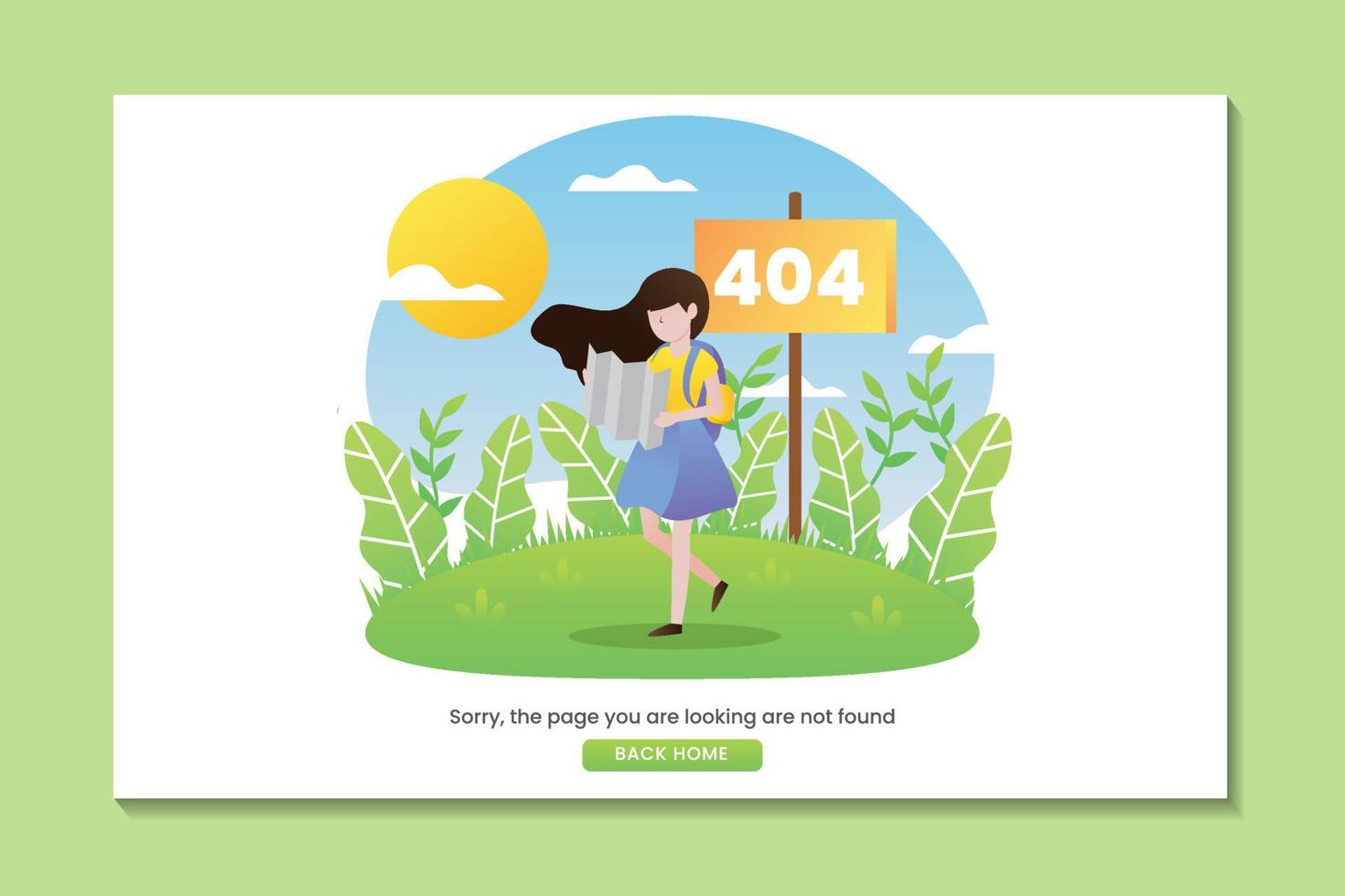 404 error landing page with woman lost in nature searching direction on map vector