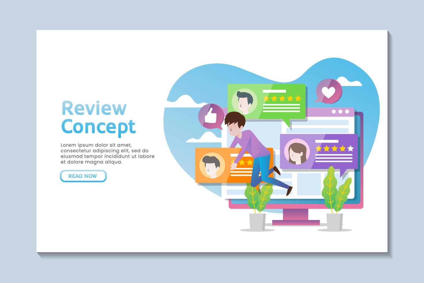 Review concept landing page with man and a monitor design vector