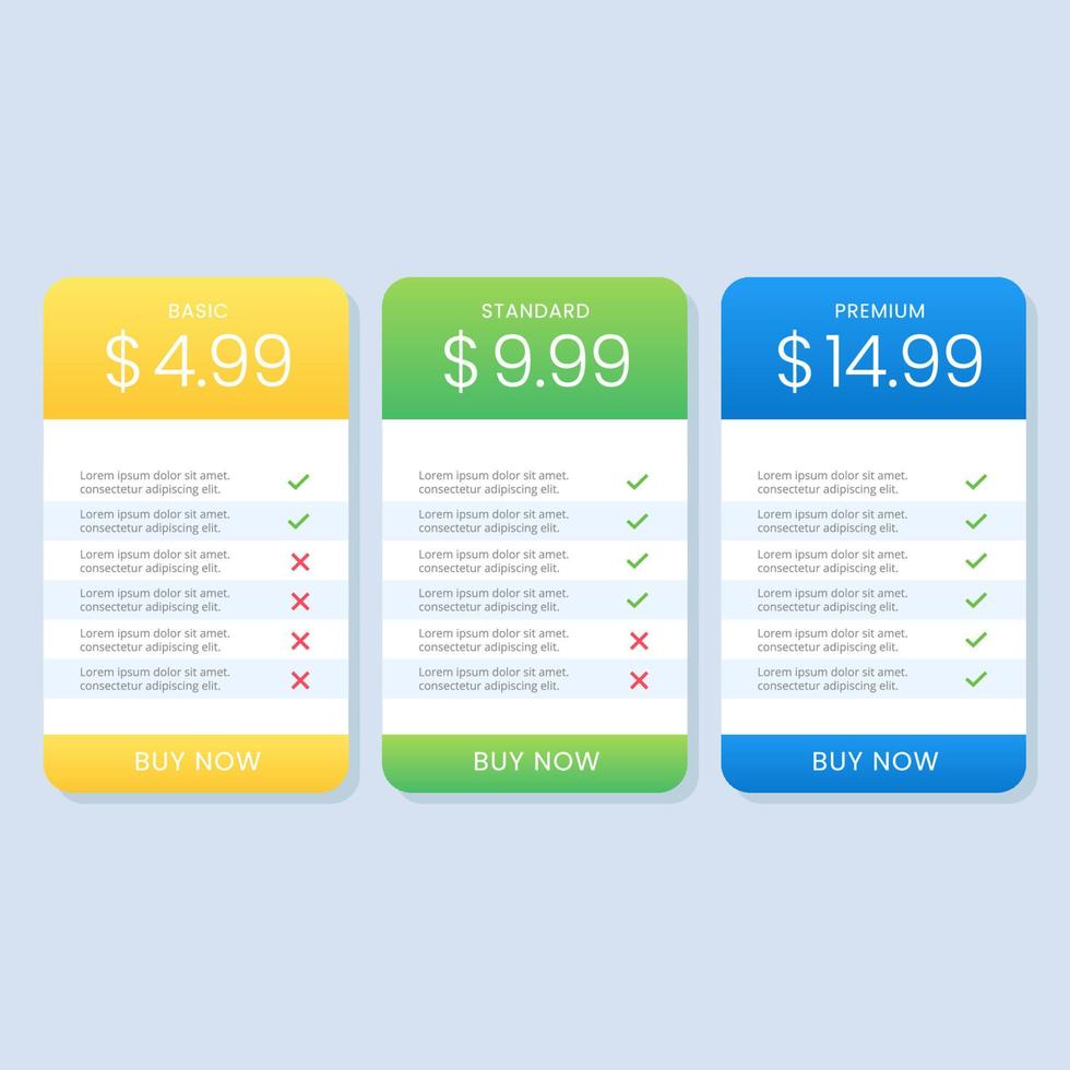 Colorful pricing table list simple for website vector