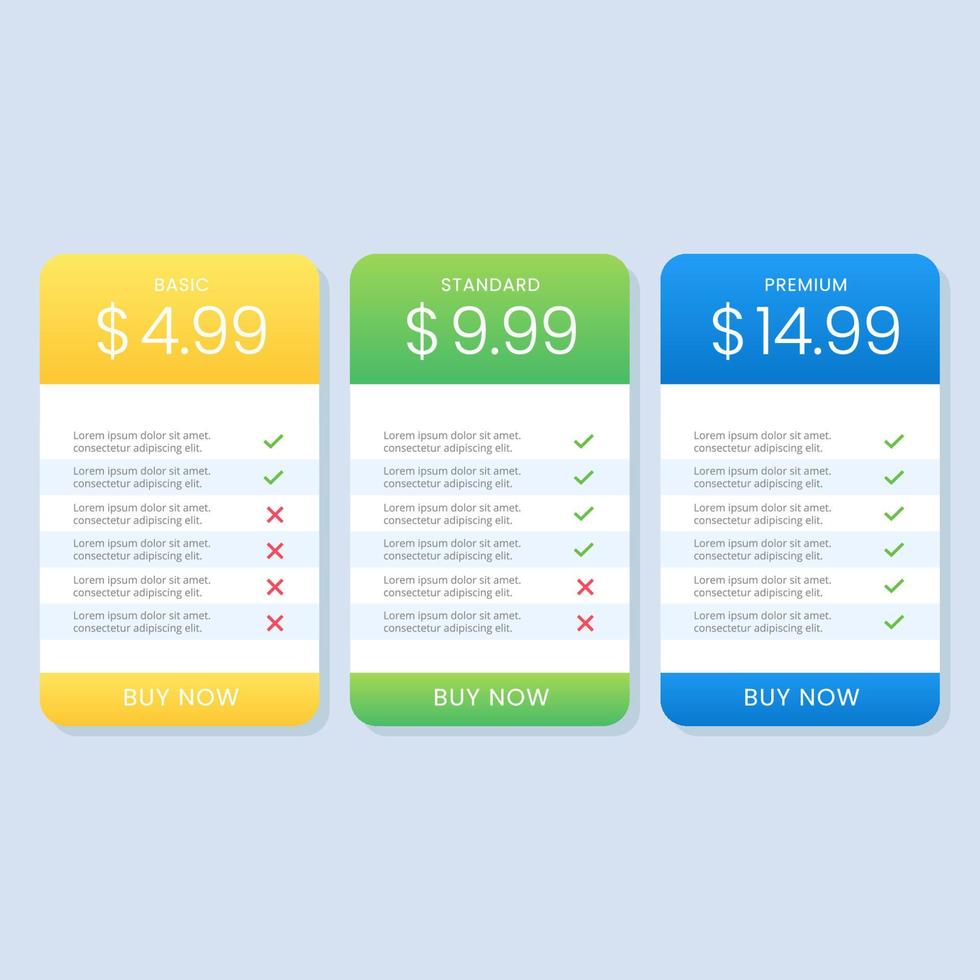 lista de tabla de precios colorida simple para vector de sitio web