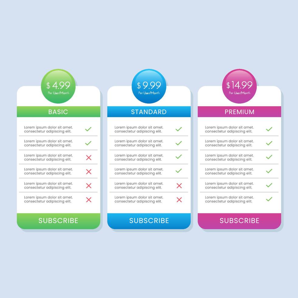 Simple colorful pricing table list for website vector