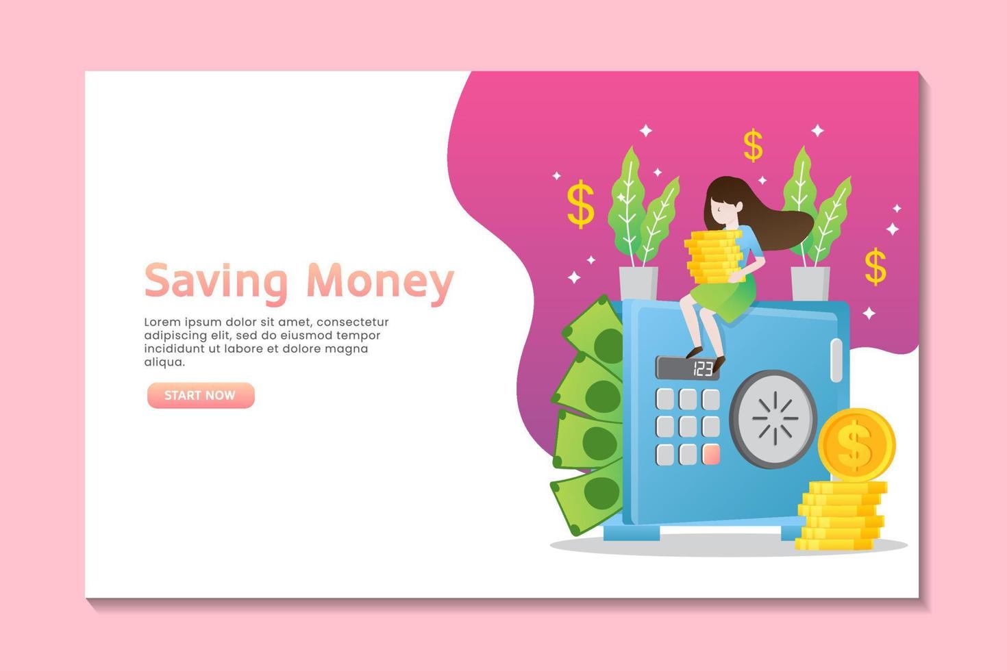 página de inicio de ahorro de dinero con una mujer sentada en la caja de seguridad del dinero vector