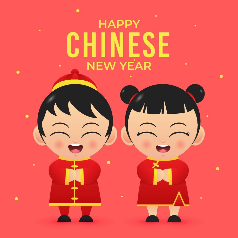 feliz año nuevo chino lindo personaje niña y niño traje vector