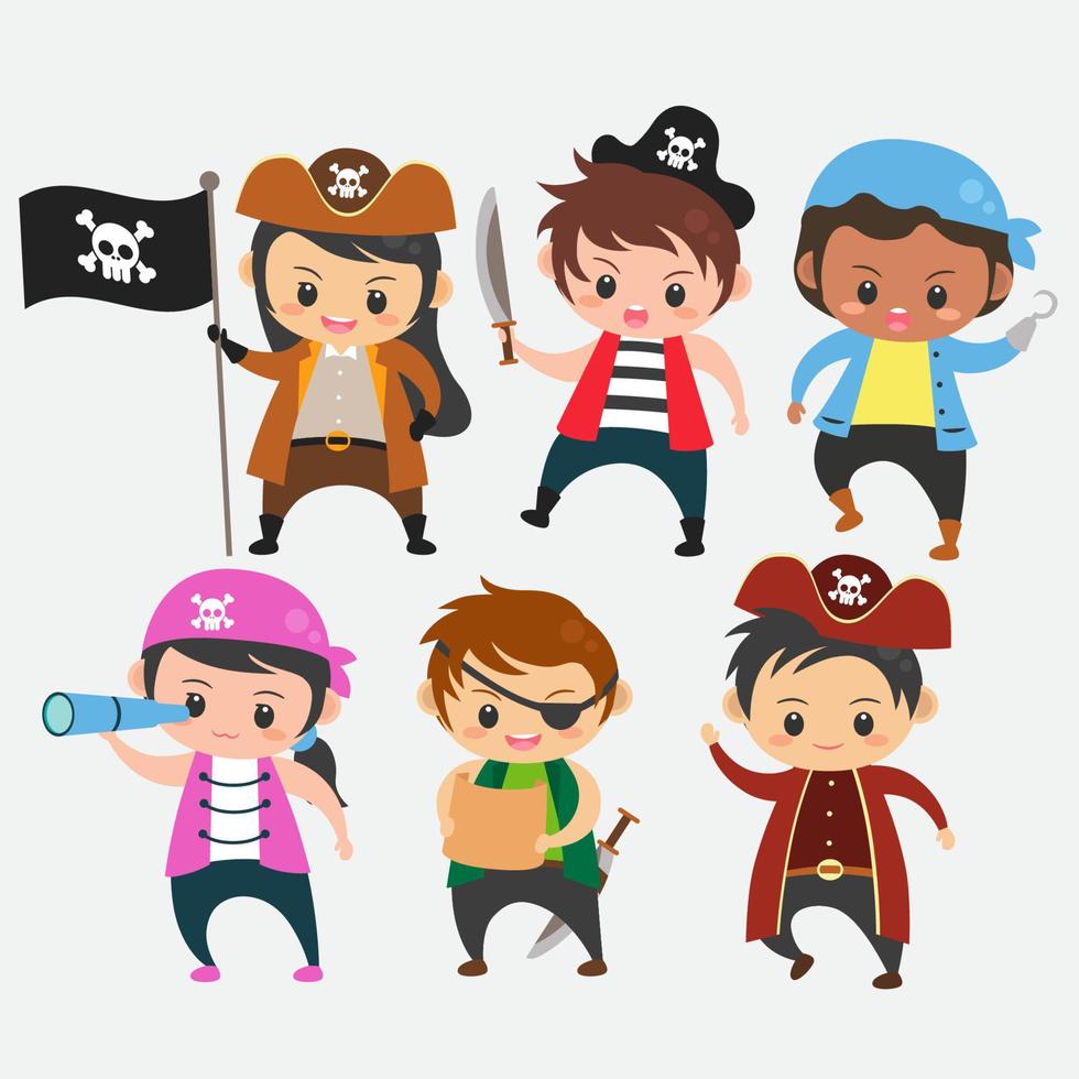 conjunto de niños usan vector de ilustración de traje de piratas