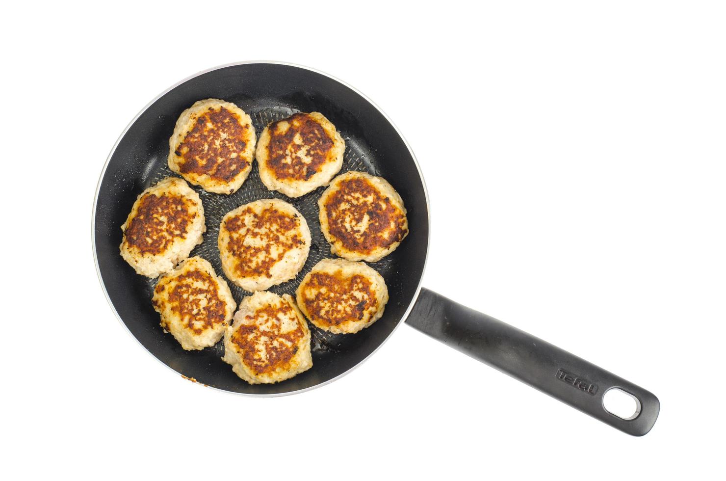 Pan with fried meat patties on white plate photo