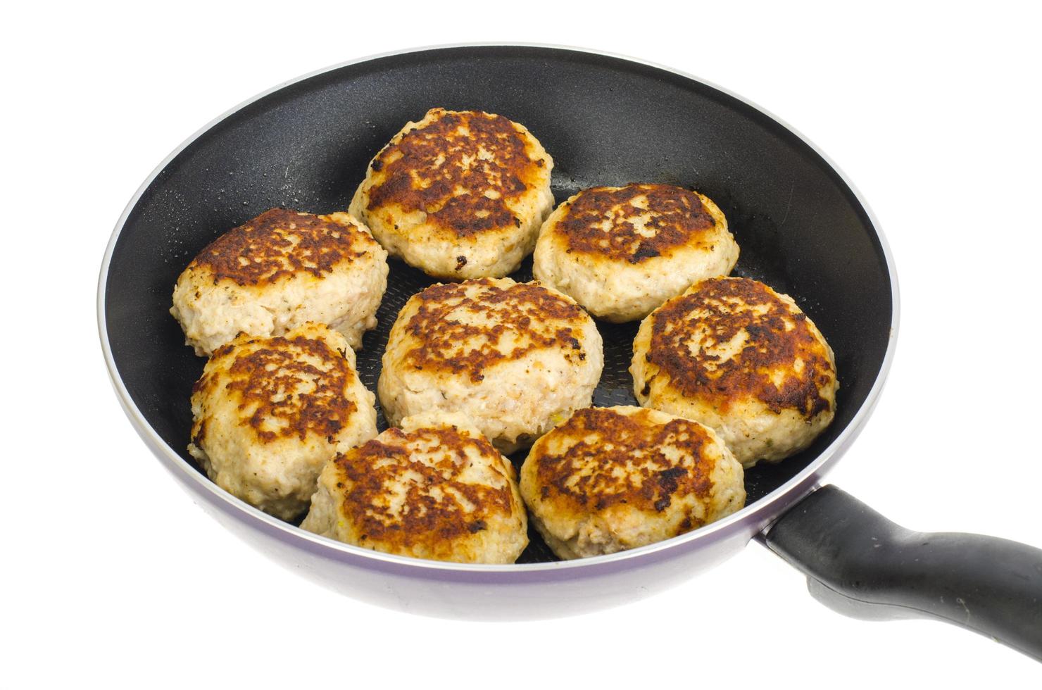 Pan with fried meat patties on white plate photo