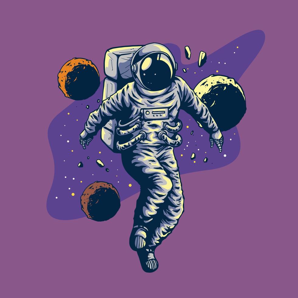 astronaut flies surrounded by planets illustration vector