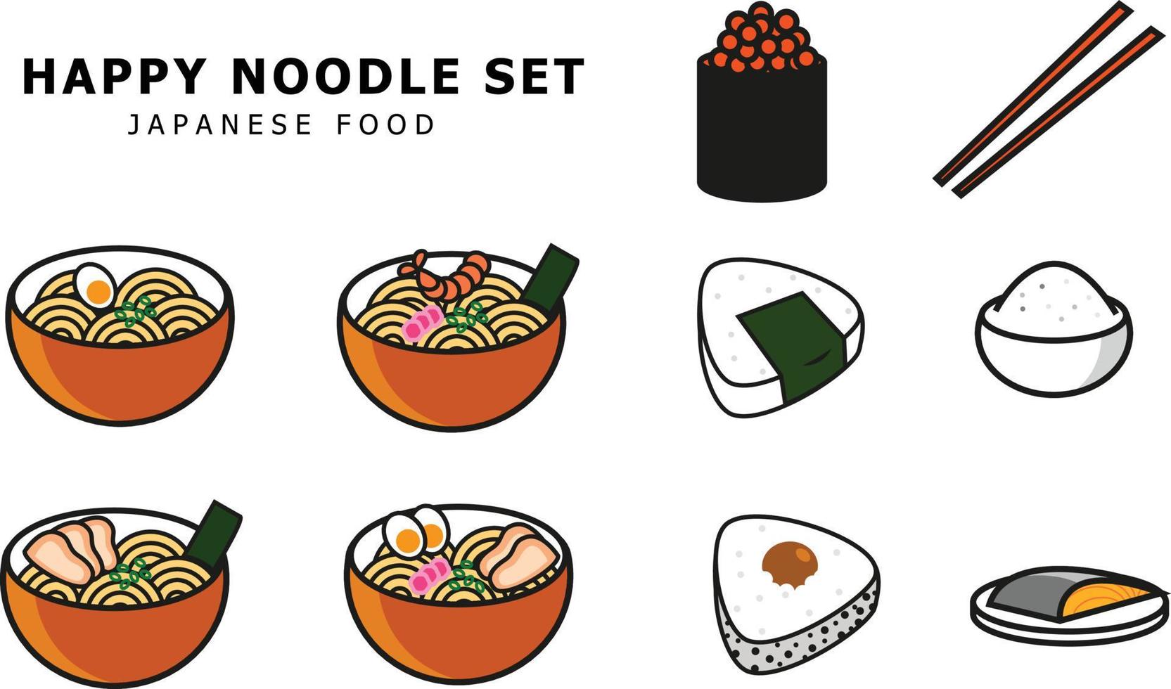 conjunto de fideos felices de ilustración de comida japonesa vector