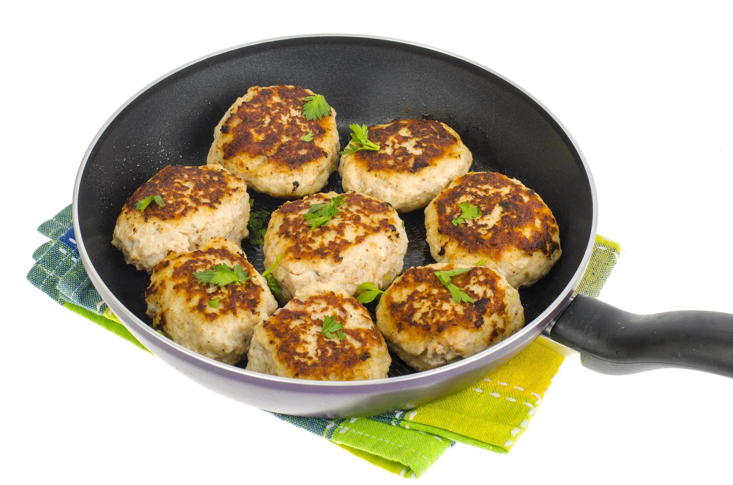 Pan with fried meat patties on white plate photo