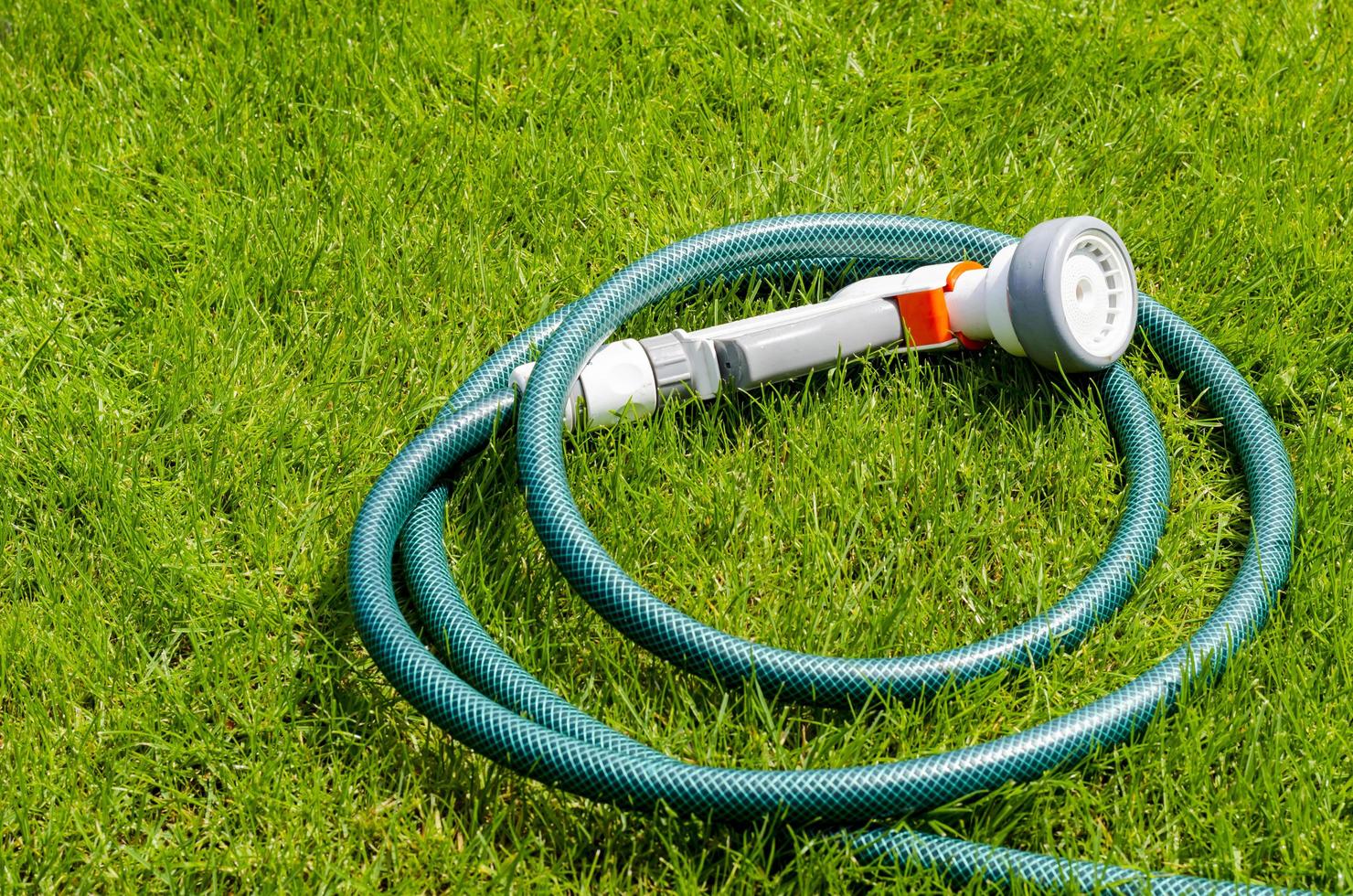 Green hose for watering lies on grass, lawn photo