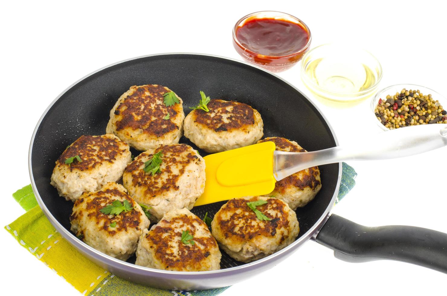 Pan with fried meat patties on white plate photo