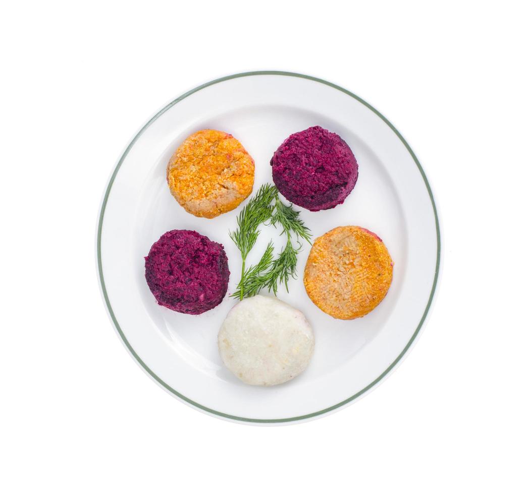 Vegetable burgers from beets, carrots, potatoes. Vegetarian menu. photo