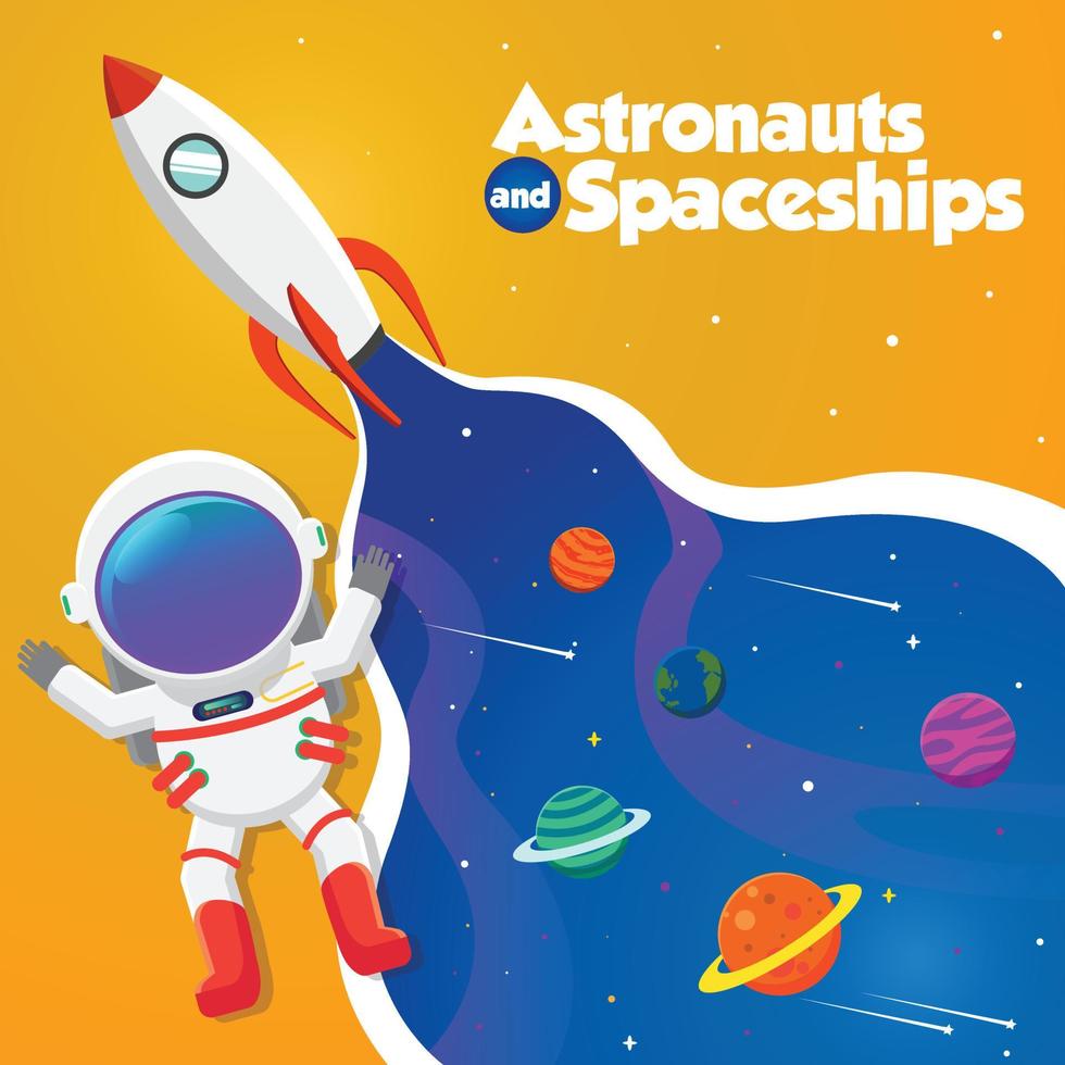 astronaut and spaceships children's illustration style vector