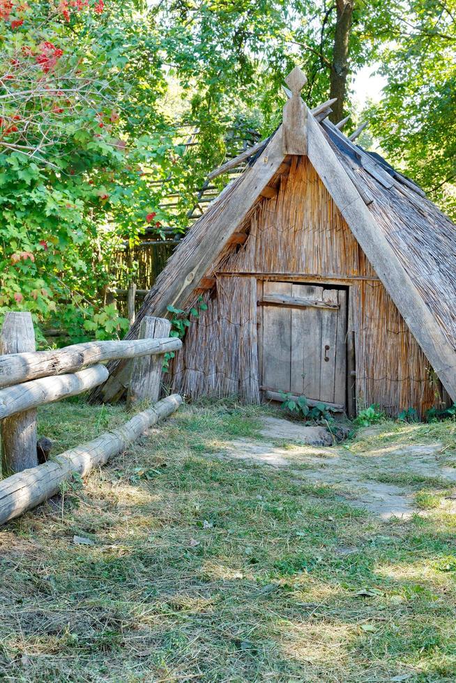 An old cellar with a thatched roof in a green summer garden. photo