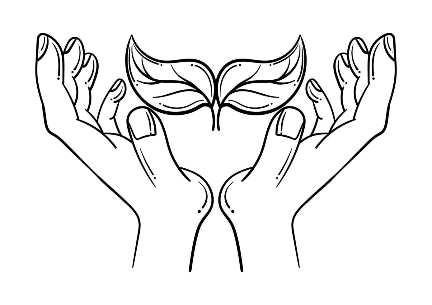 hand drawn illustration of a hand and a leaf vector