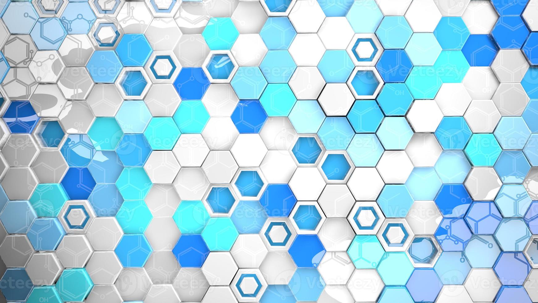 Structure background of blue, cyan and white reflective hexagons in random position reflecting a chemical formula photo