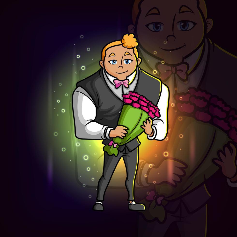 The sweet man is holding a bouquet of flowers esport mascot design vector