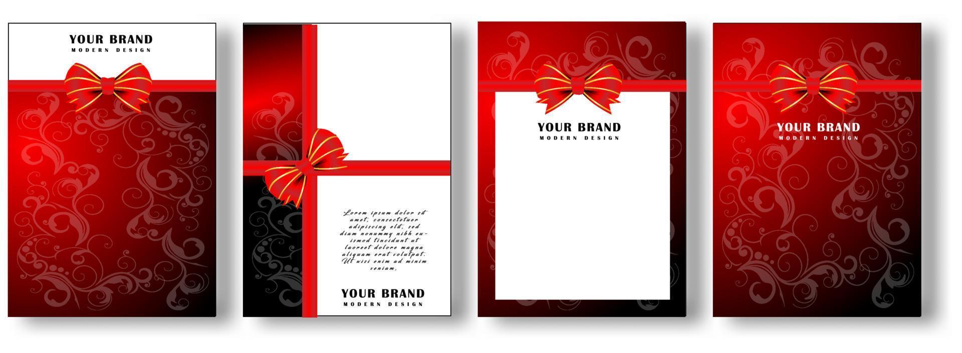 Paper cover, frame design set. Luxury floral pattern background with red ribbon. Elegant maroon vector collection template for invitation invite vip card, greeting, gift card
