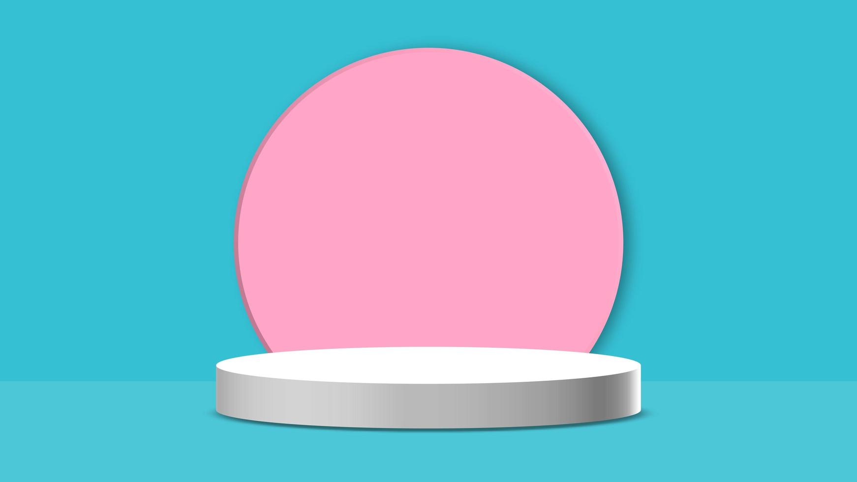 Modern white cylinder pedestal podium with pink geometric circle frame. photo