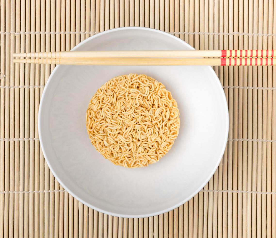 Instant noodles on wood background photo
