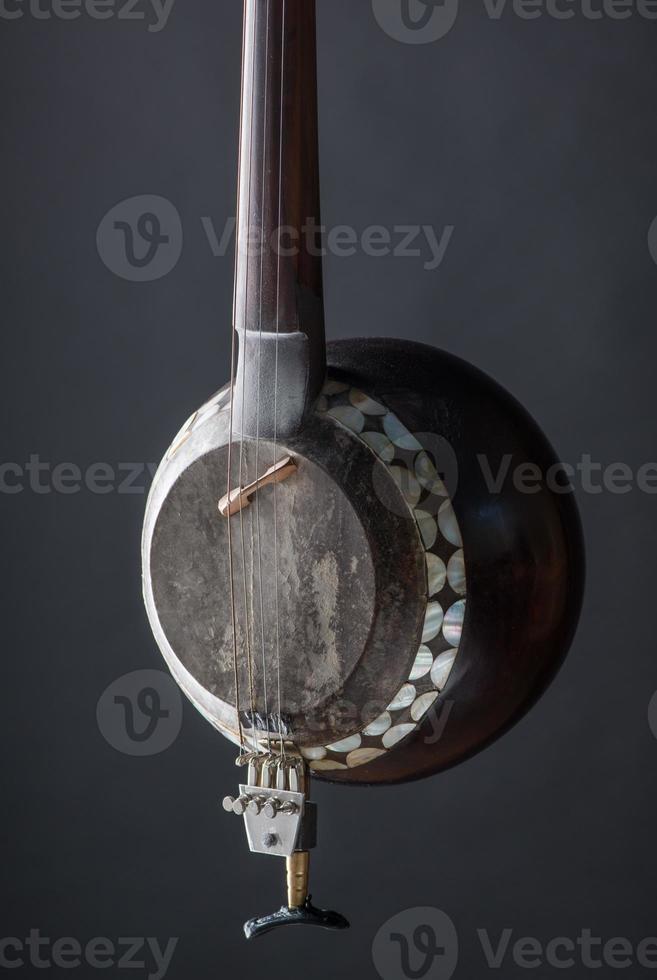 part ancient Asian stringed musical instrument on black background with backlight photo