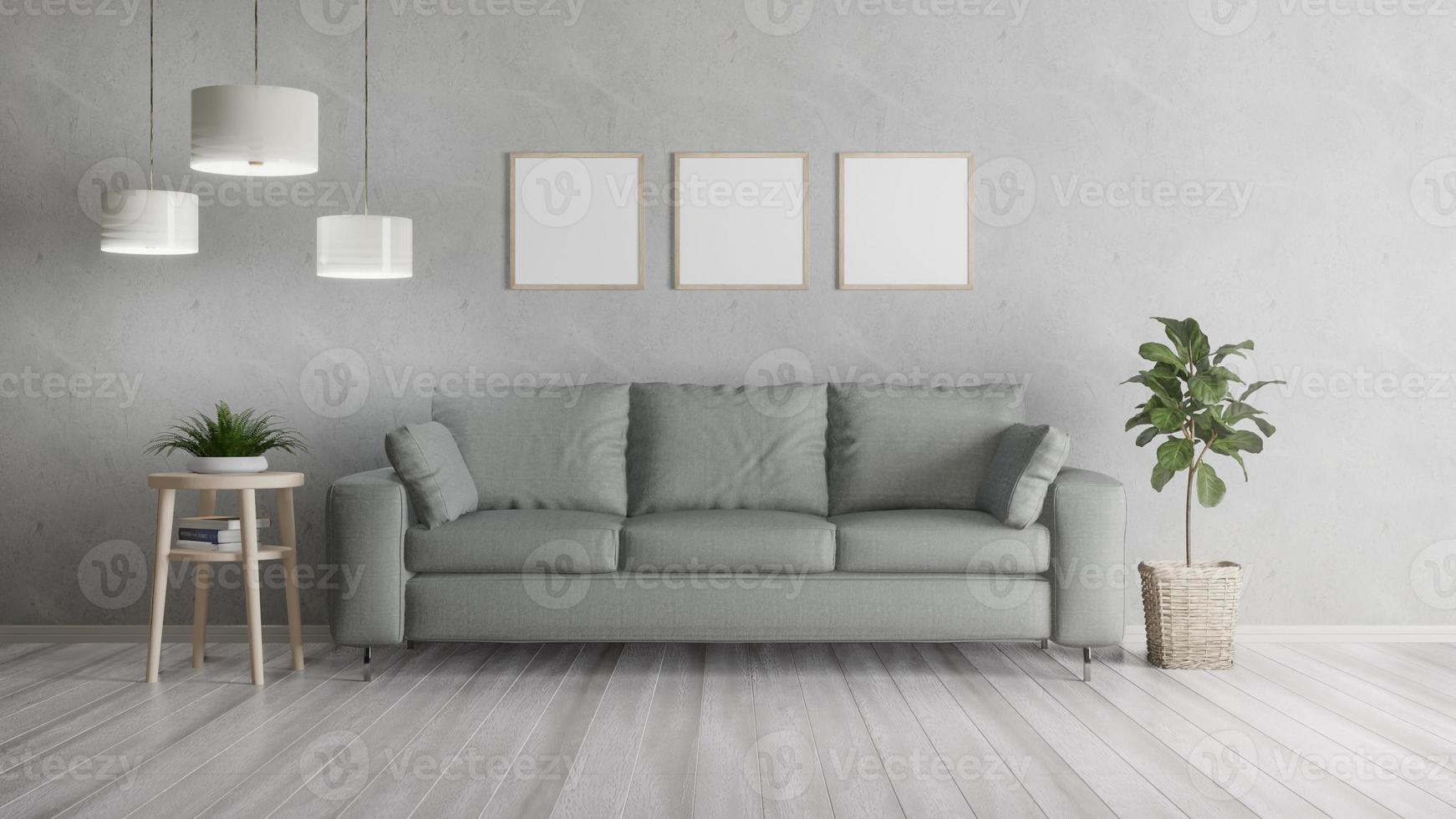 Square poster mockup with Three  frames on empty white wall in living room interior, Living room, 3D Rendering photo