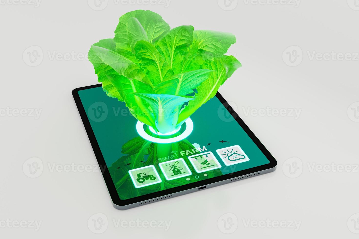 imagen conceptual de cultivar verduras con una tableta, agricultura inteligente con iot, iot en agricultura - 3d render illustrator foto