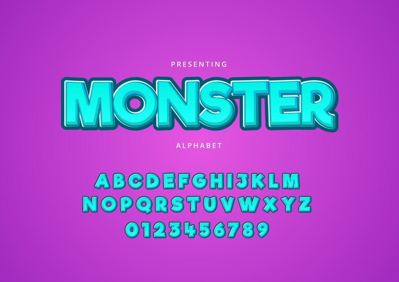 Monster style text effect, playful mobile game font alphabet and number vector