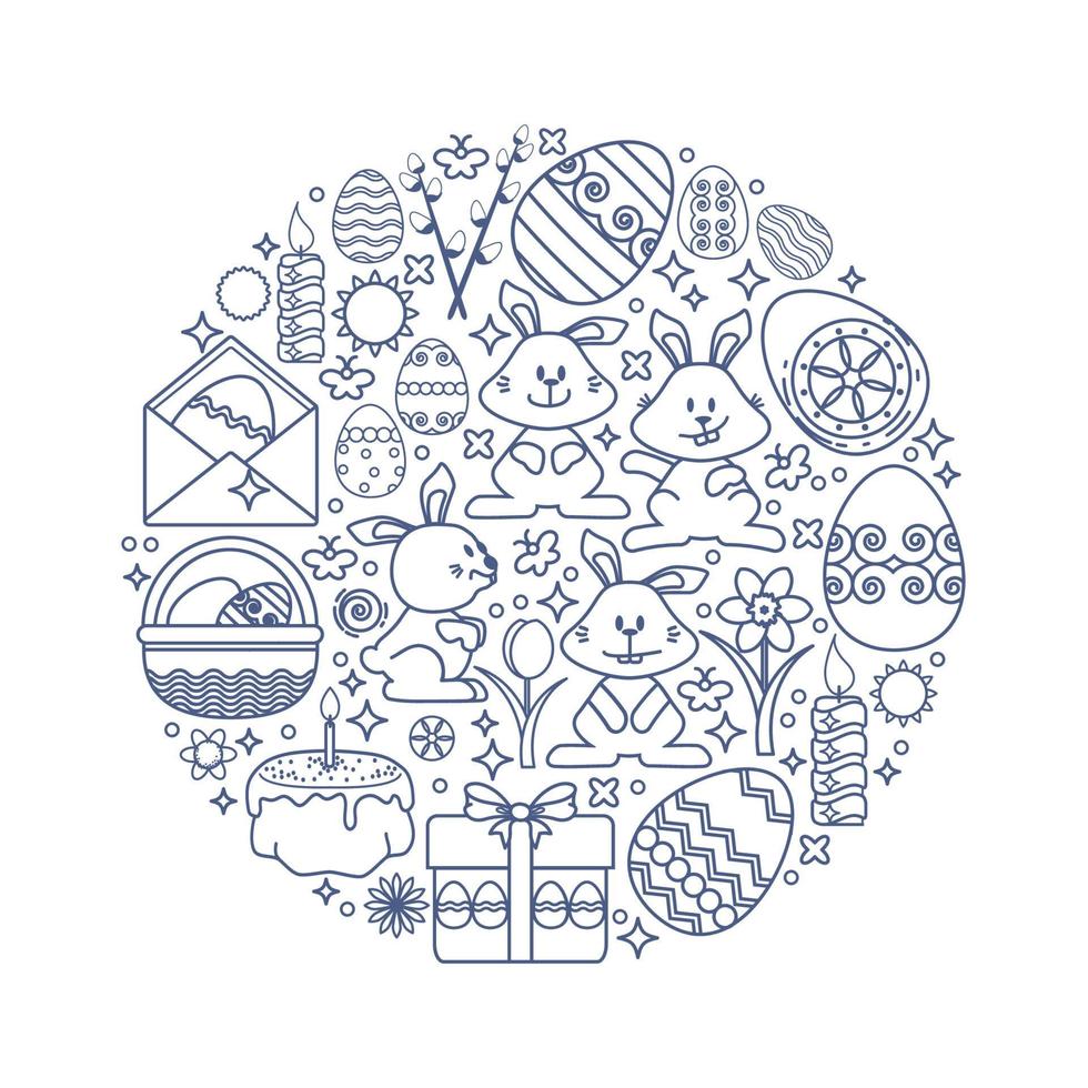 Easter Elements Arranged in Circle. Bunny, Gift, Egg, Candle, Flower. vector