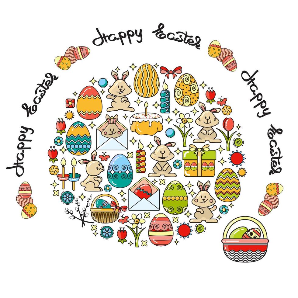 Easter Elements Arranged in Circle and Handwritten Word Happy Easter. vector