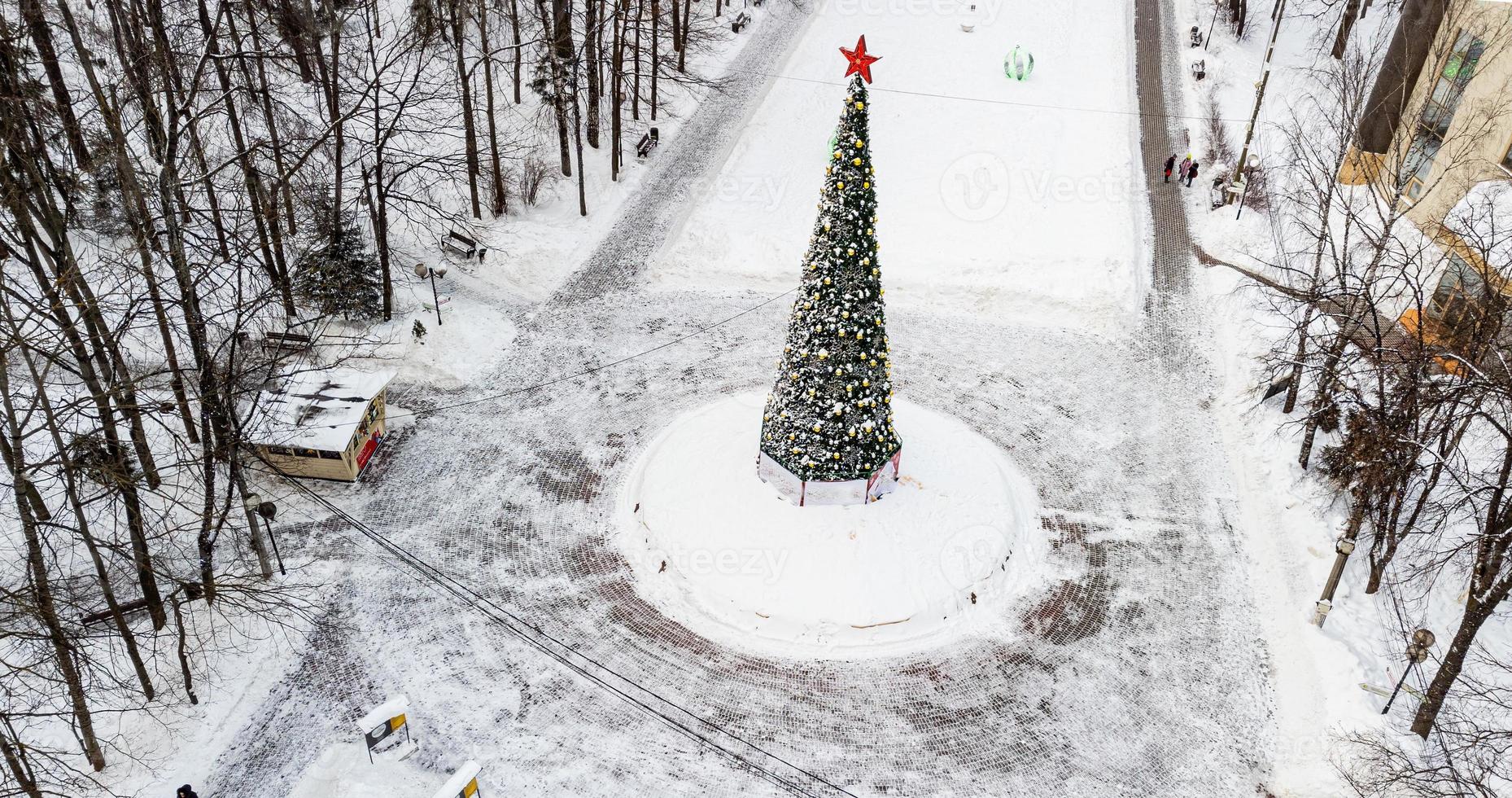 New Year's elegant Christmas tree from a bird's-eye view photo