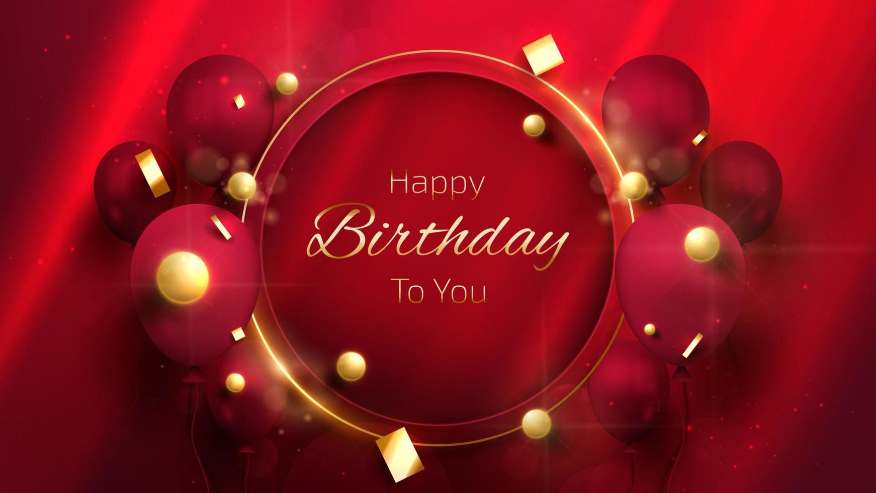 Happy birthday card background with 3d balloons decorations and gold ribbons with glittering light effects. vector