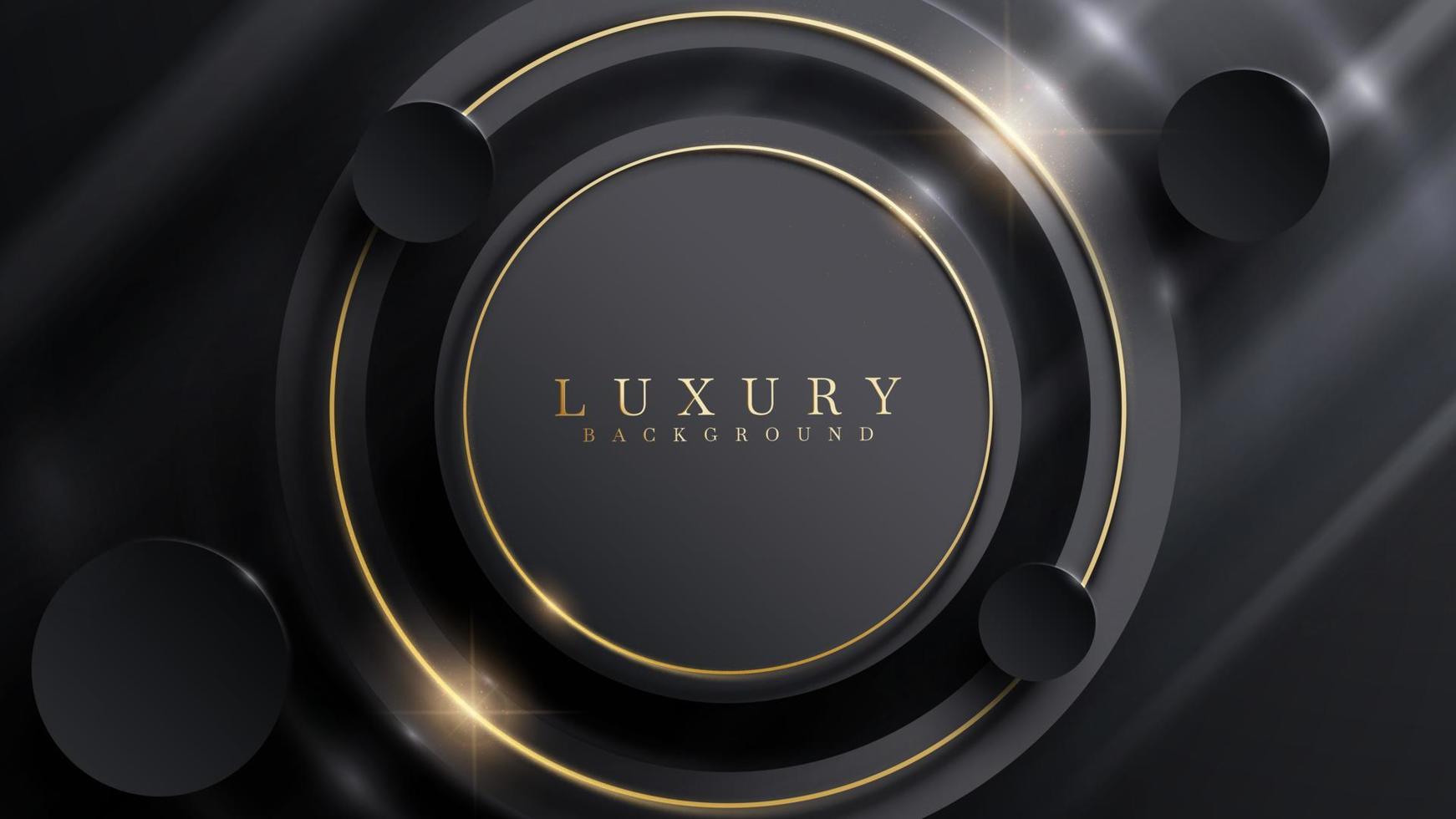 Black luxury background with circle frame element with golden line decoration and glitter light effect. vector