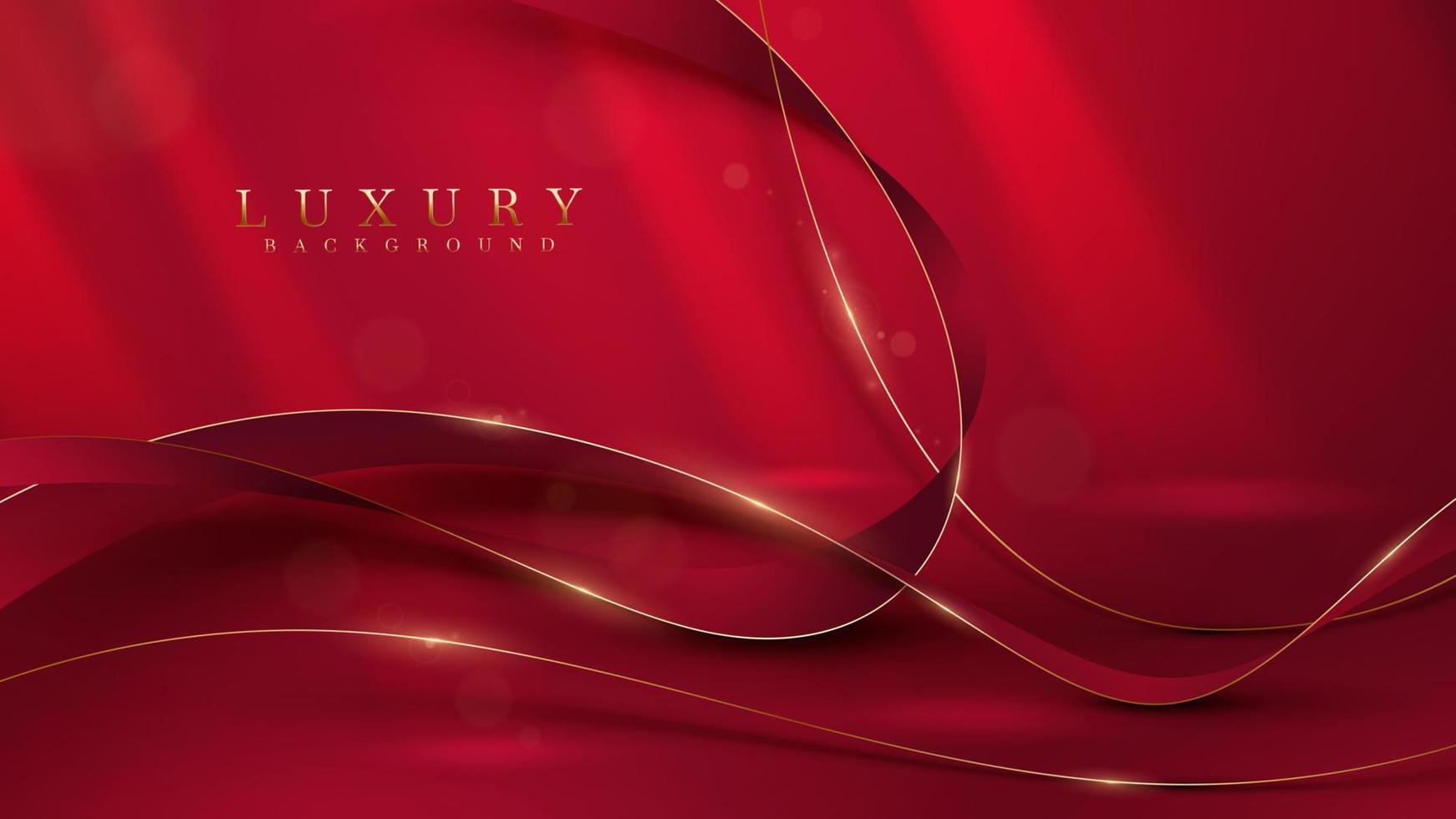 Golden curve line on red luxury background with glitter light effects decoration. vector