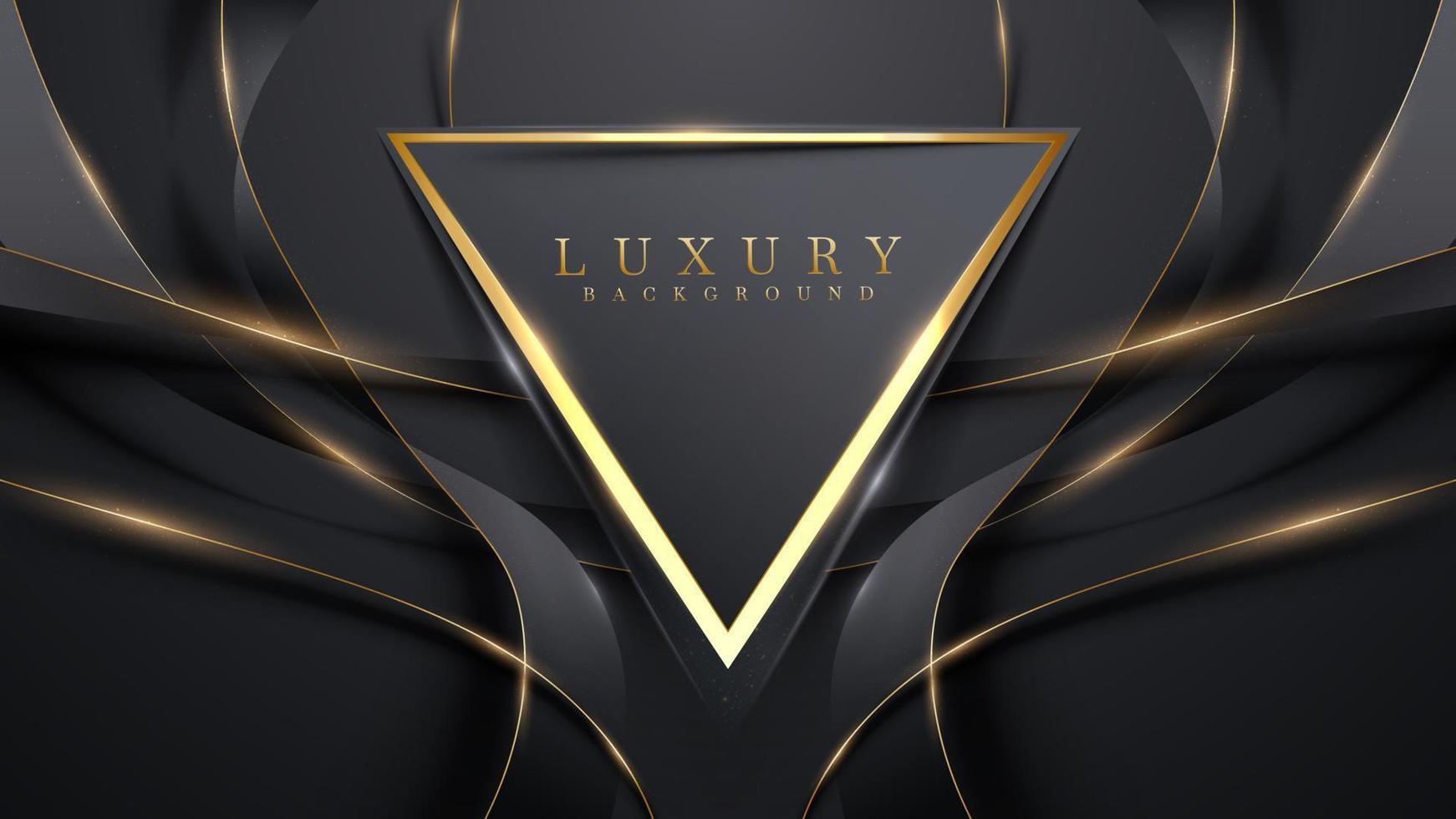 Golden triangle frame and black ribbon elements with glitter light effects decoration. Luxury style dark tone background design. vector